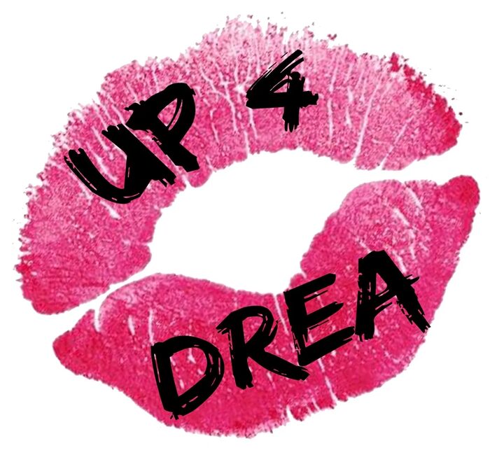 Up 4 Drea logo, a pink lipstick kiss print with hand lettering