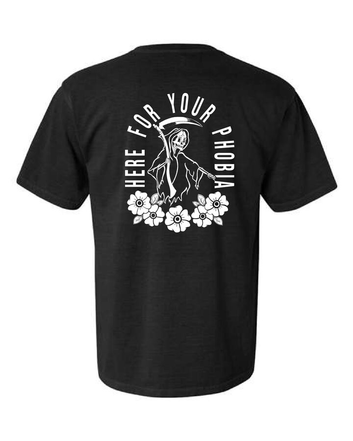 Black tee back-printed Here For Your Phobia in traditional tattoo flash, no rainbow