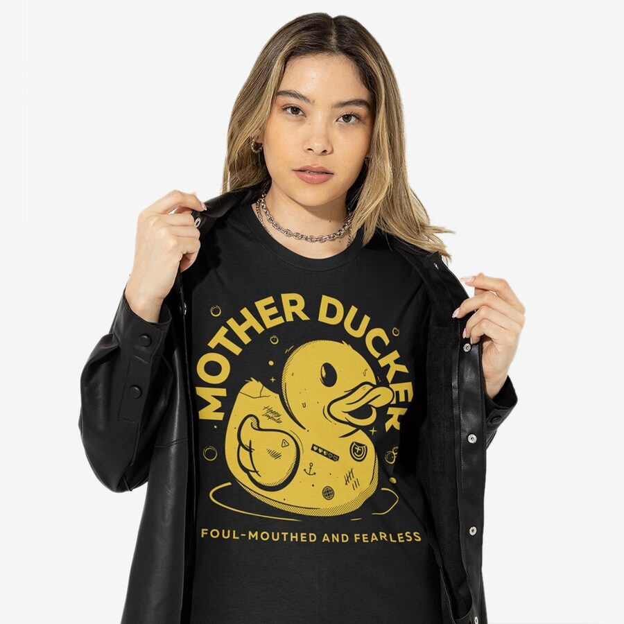 Model in a black tee printed Mother Ducker, Foul-Mouthed and Fearless