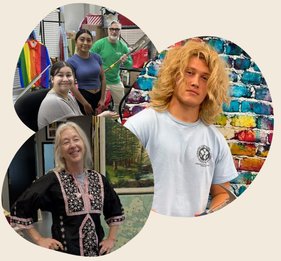 Volunteers inside Mama Edna's beside a rack of Pride apparel and a rainbow brick wall