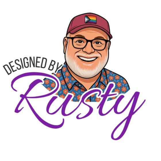 Designed by Rusty logo, a caricature of founder Rusty Sutton in a Pride cap