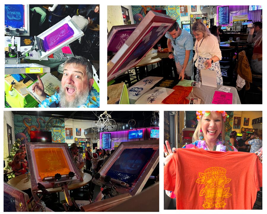 House of Swank live screen printing at an event, staff pulling prints and a customer holding a fresh tee