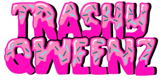 TrashyQweenz logo, a dripping-frosting wordmark in hot pink