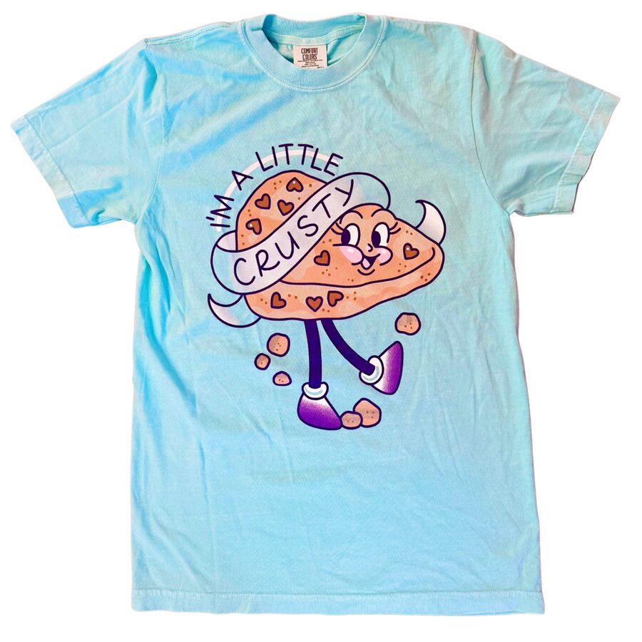 Mint Comfort Colors tee screen printed with an I'm A Little Crusty cookie character
