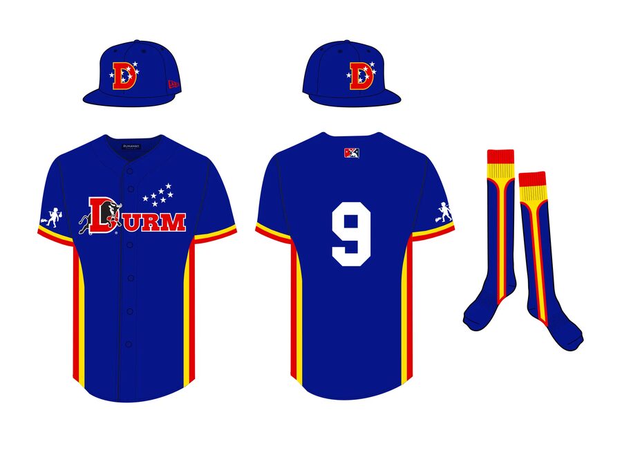 The 2016 Durham Bulls DURM Night uniform designed by Runaway: royal jersey with the DURM bull wordmark, matching caps and striped socks